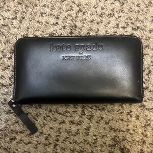 Kate Spade Vintage Black Leather Continental Wallet w/ Embroidered Rose